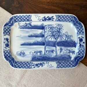Chinese Export Blue & White Porcelain Platter Serving Tray Chinoiserie Horses